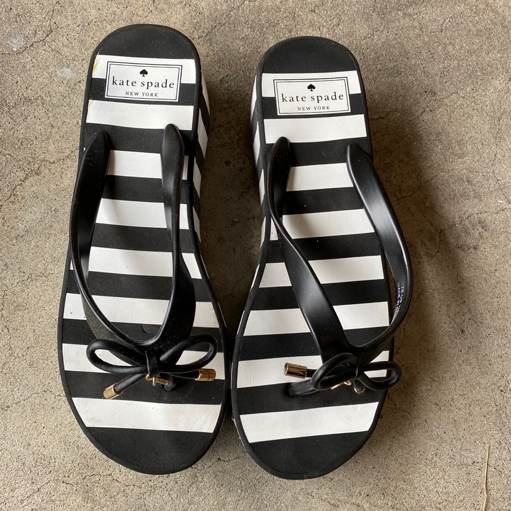 Kate spade Black and White Stripe Flip Flop Wedges